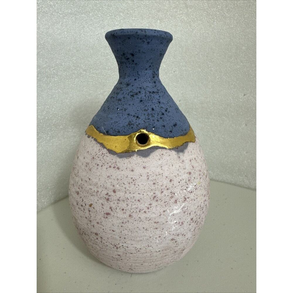 Studio Art Pottery vase MD Signed Mid Century Heavy Blue Pink Gold Strip - Picture 14 of 15
